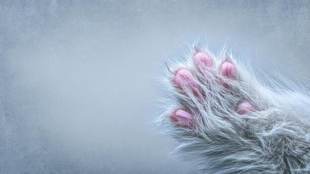 Close up of a furry paw with pink pads and extended claws on a soft background photo