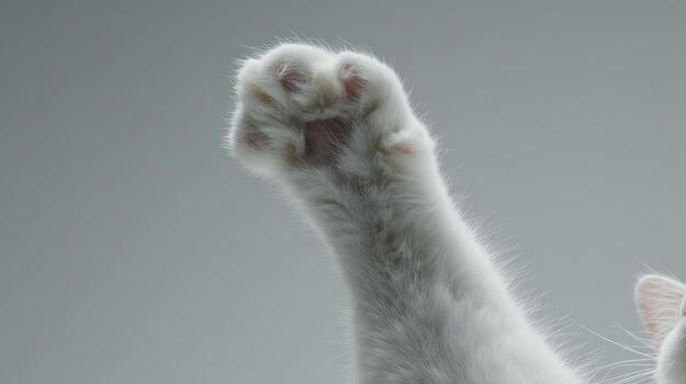 Close up of a white cat paw reaching up against a soft gray background photo