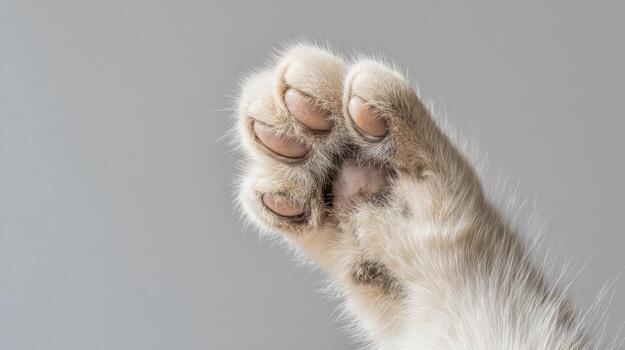 Close up of a cat paw with visible claws on a neutral gray background photo