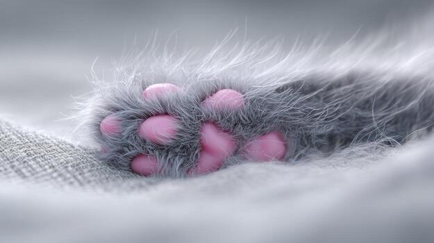 Fluffy gray cat paw with pink pads closeup macro soft fur detail isolated photo
