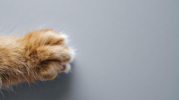 Close up of orange cat paw against gray backdrop with copy space photo
