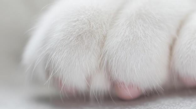 Close up of a white cat paw with soft fur and pink pads studio shot photo