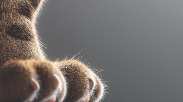Close up of a cats paw with soft fur neutral background and copy space photo