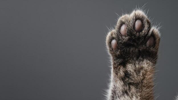 Close up of a cats paw with soft fur and visible pads on a gray background photo