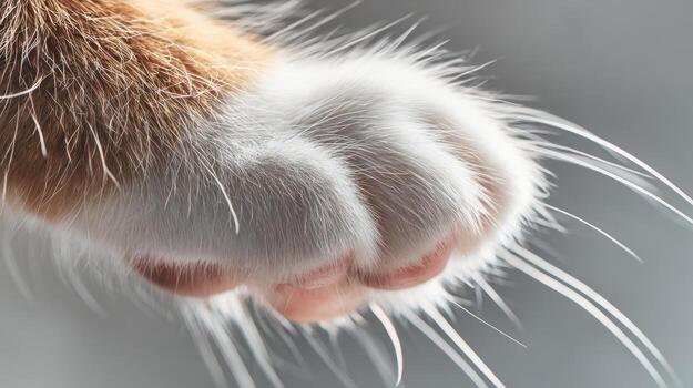 Close up of a cat paw with white and orange fur against a blurred background photo