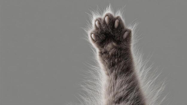 Close up of fluffy cat paw raised against a muted gray background photo