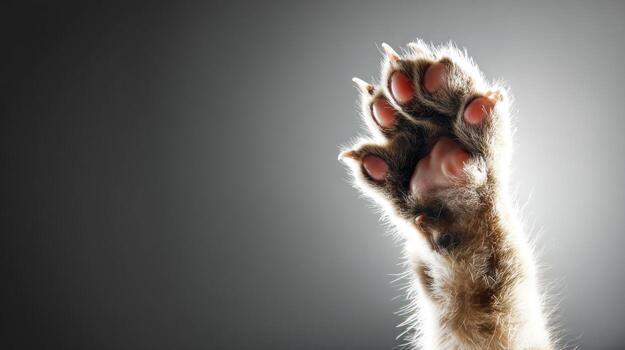 Close up view of a cat paw with visible claws against a dark background photo