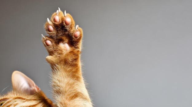 Orange tabby cat paw close up isolated on a gray background photo