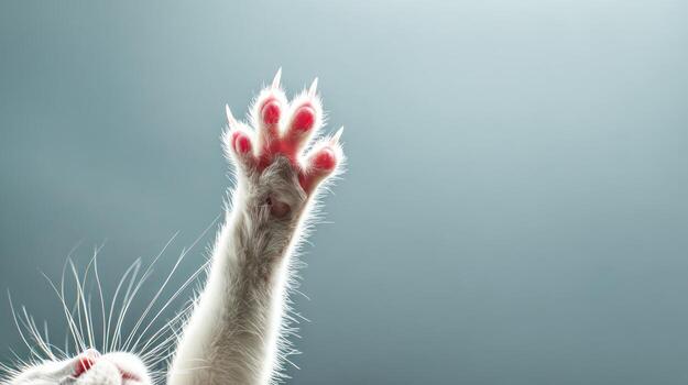 Close up of a cat paw with extended claws against a neutral background photo