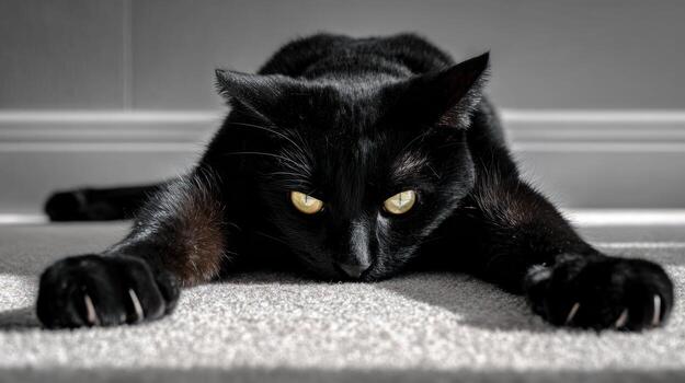 Black cat stretching on a light colored rug soft focus studio shot photo