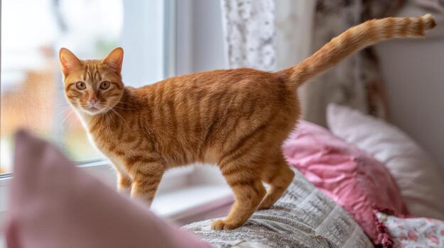 Ginger cat stands near window with curiosity in its orange eyes photo
