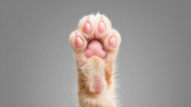 Close up view of a cats paw against a soft gray background photo