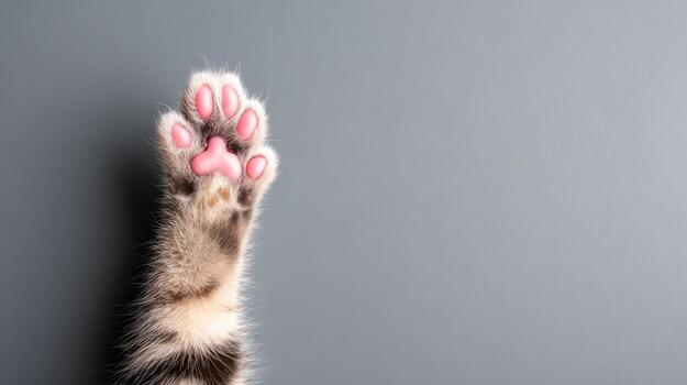 Close up of cat paw in front of gray backdrop with copy space photo