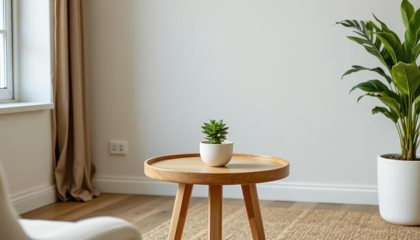 a small ceramic flower pot rests on a warm wooden round table in a cozy and empty sitting space. photo