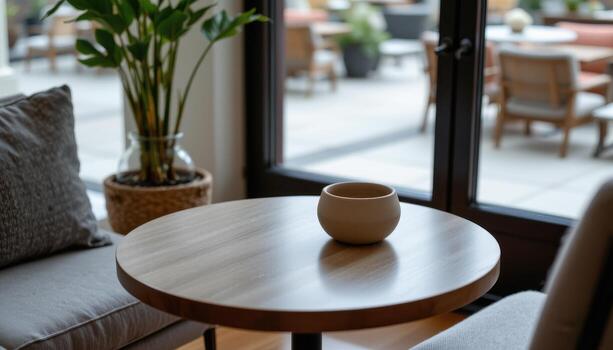 a smooth round table holds a ceramic flower pot in a quiet, comfortable lounge corner without people. photo