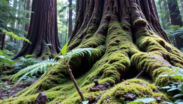 moss covers the base of massive redwoods, while ferns sway quietly in the calm forest air. photo