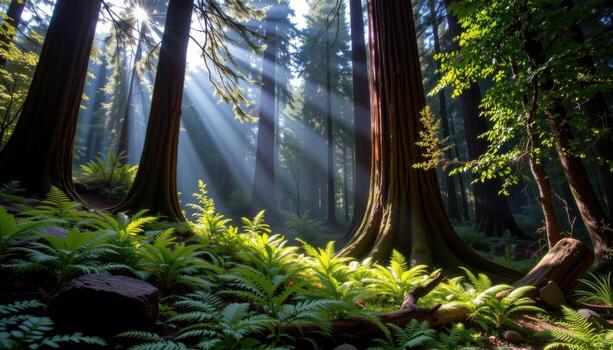 towering redwoods cast long shadows over ferns, painting the forest floor with patterns of light. photo