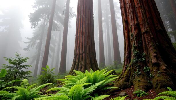 towering redwood trunks rise through foggy air, surrounded by ferns in vibrant shades of green beneath the canopy. photo