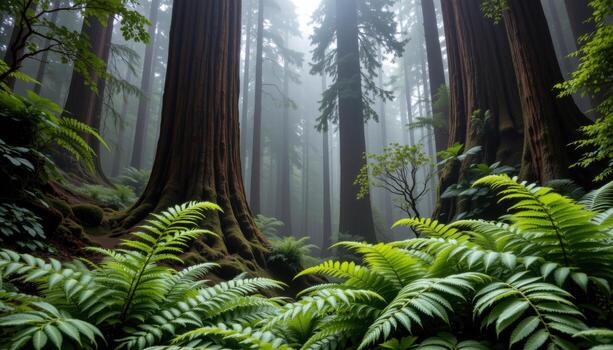 dense ferns surround massive redwoods, mist curling through the forest in delicate, ethereal patterns. photo