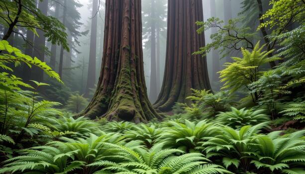 dense ferns surround massive redwoods, mist drifting gently across the forest in quiet, serene patterns. photo