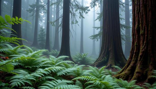 mist curls gently around redwood trunks, ferns spreading out in intricate patterns across the forest floor. photo