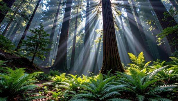 towering redwoods rise above dense ferns, sunlight piercing the mist to create patterns across the forest floor. photo