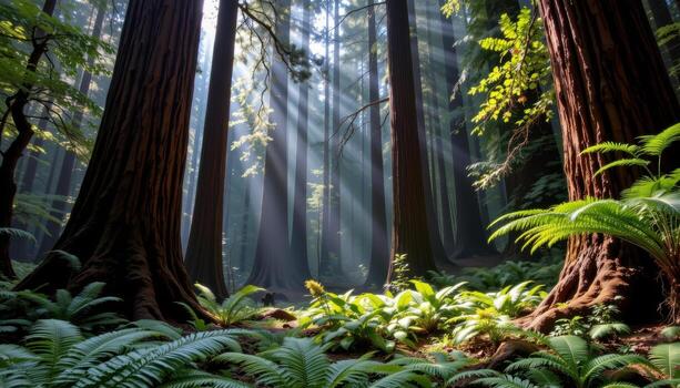 towering redwoods dominate the forest, ferns spreading in intricate patterns across the shaded, misty ground. photo