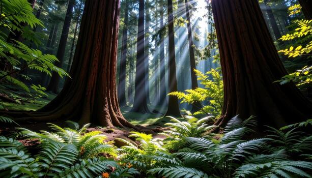 soft ferns wrap around massive redwoods, sunlight piercing the canopy to create serene patterns across the ground. photo