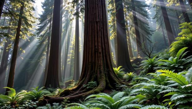 towering redwoods and dense ferns coexist in a mystical forest, sunlight piercing morning mist to highlight green. photo