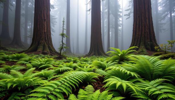 misty morning wraps around towering redwoods, ferns spreading in vibrant green patterns across the earth below. photo