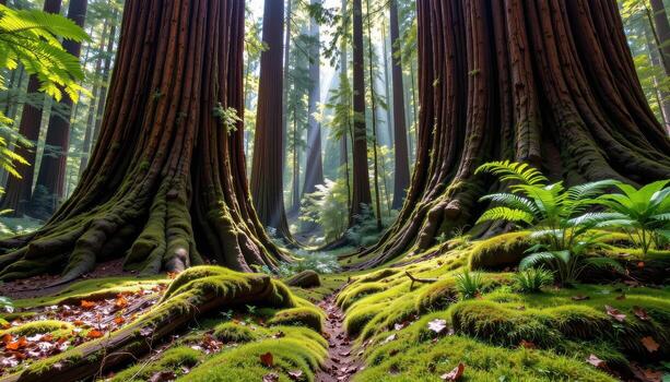 thick moss covers the base of giant redwoods, while ferns sway gently in the filtered sunlight above. photo