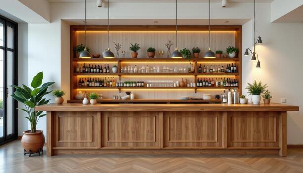 de madera bar con artístico Encendiendo y en conserva plantas arreglado pulcramente a lo largo el encimera, sereno, vacío espacio. foto