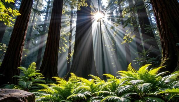 ancient redwoods tower above ferns, sunlight catching dew on fronds, mist drifting in serene patterns. photo
