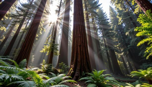 towering redwoods rise above dense ferns, sunlight piercing the canopy, mist curling around trunks below. photo