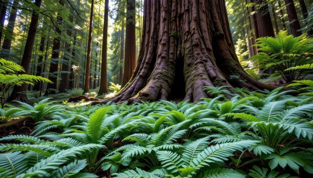 ferns curl around massive redwood trunks, forming a serene carpet beneath the forest canopy untouched by humans. photo