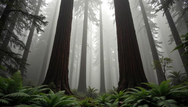 towering redwood trunks rise through fog, ferns covering every shadowed patch of the forest floor below. photo