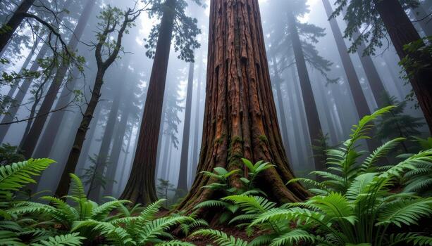 towering redwoods dominate the forest, ferns spreading in intricate patterns beneath the mist covered canopy. photo