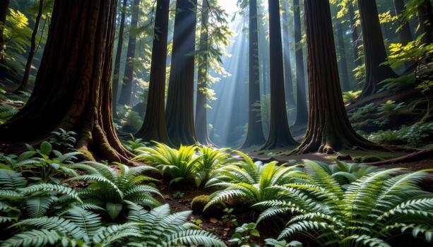 towering redwoods dominate the forest, ferns weaving intricate patterns across shaded and mist filled ground below. photo