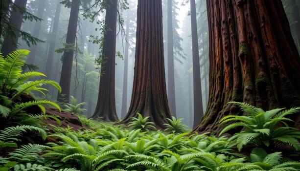 ferns carpet the forest floor beneath massive redwoods, mist drifting softly through the ancient grove. photo