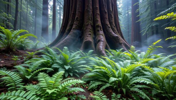 ferns grow in quiet clusters around massive redwood trunks, mist curling softly in the morning light. photo