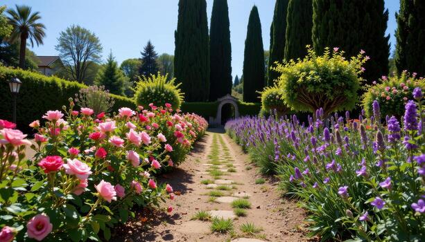 a calm garden trail with roses, lavender, and tall trees, sunlight casting patterns on the path. photo
