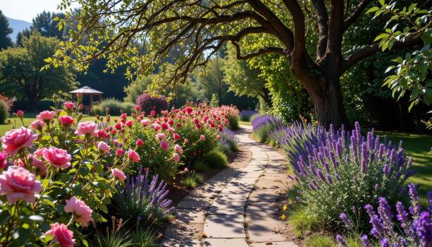 a winding garden path lined with roses, lavender, and oak trees, sunlight falling softly on the trail. photo