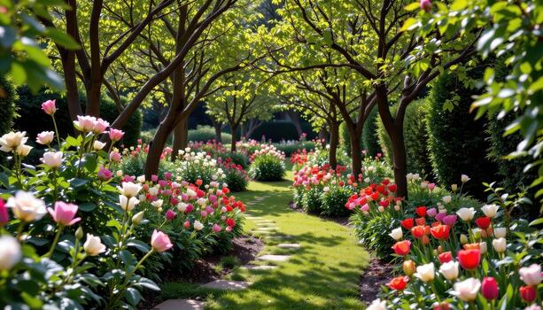 a winding garden trail lined with roses, tulips, and leafy trees, light filtering through branches. photo
