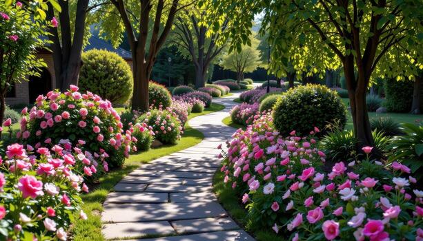 a winding stone trail through blooming gardens with tall leafy trees casting soft shadows. photo