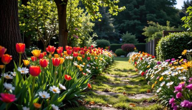 a quiet garden lane filled with tulips, daisies, and tall trees, sunlight creating soft patterns. photo