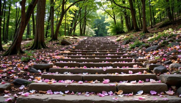 crumbling stone steps covered in petals, rising through forest, trees arching overhead, completely empty path. photo