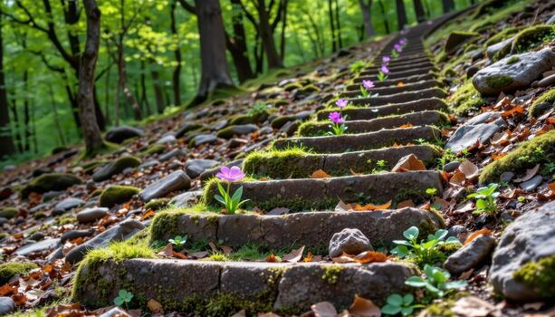 mossy stone stairs ascending a forest hill, flowers sprouting on each step, surrounded by leafy trees. photo