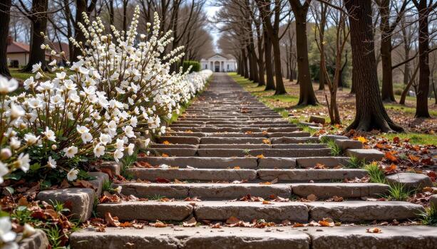 weathered stone steps lined with blossoms, ascending into tall trees, no one present, completely deserted. photo