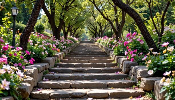 crumbling stone steps overtaken by blooms, trees arching above, a tranquil, empty natural landscape. photo