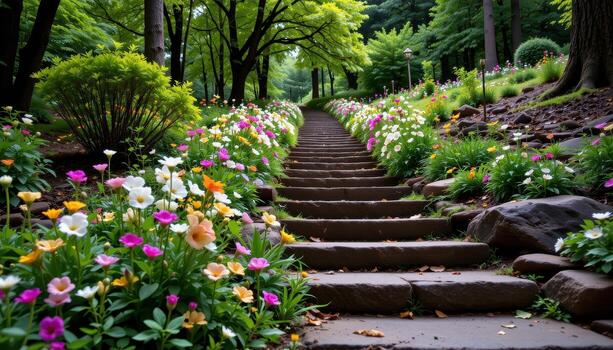 quiet forest steps of stone, flowers bursting from every crack, trees arching overhead, no one in sight. photo